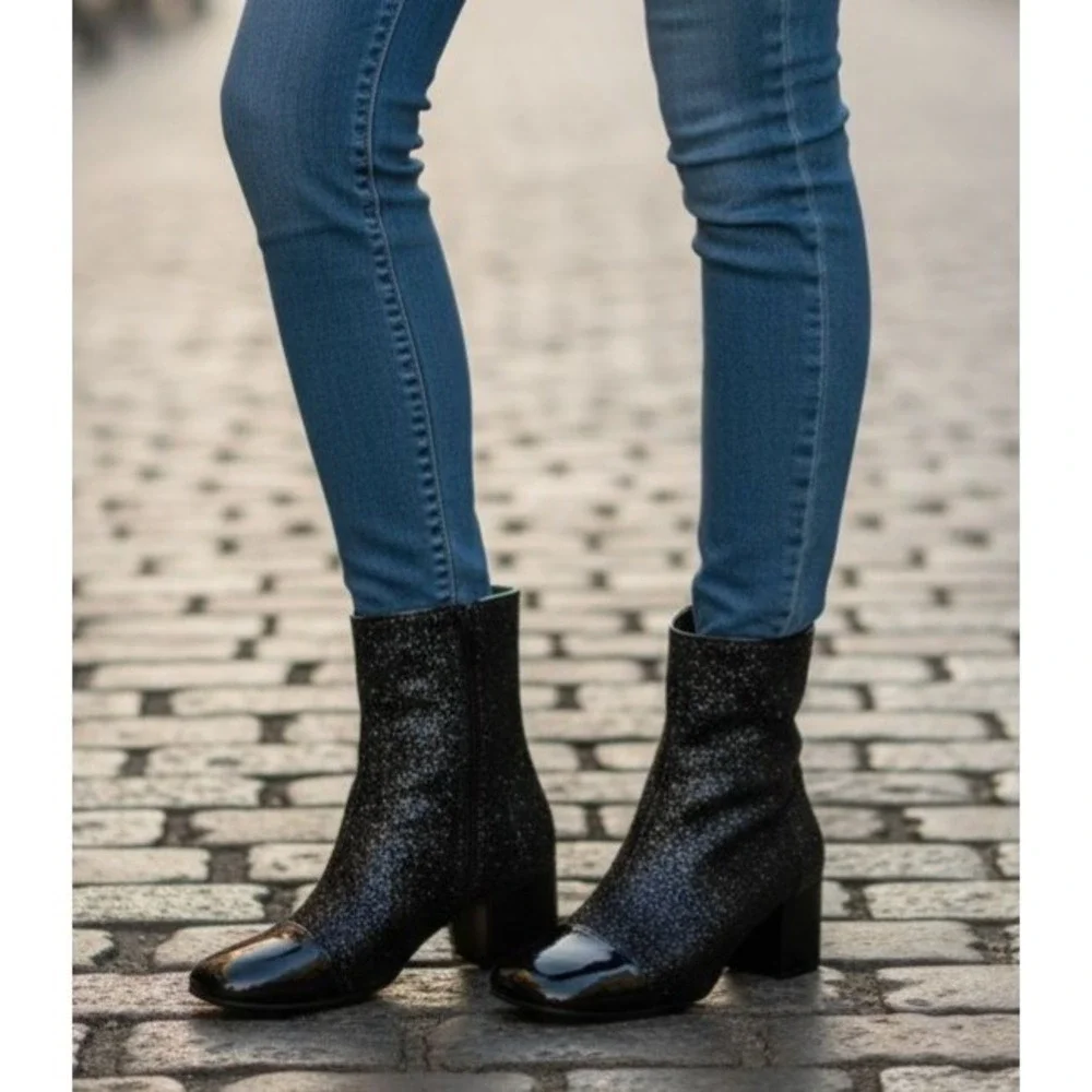 Black Glitter Ankle Boots Square Toe Block Heel Evening Party Sparkle Size 8M‎
